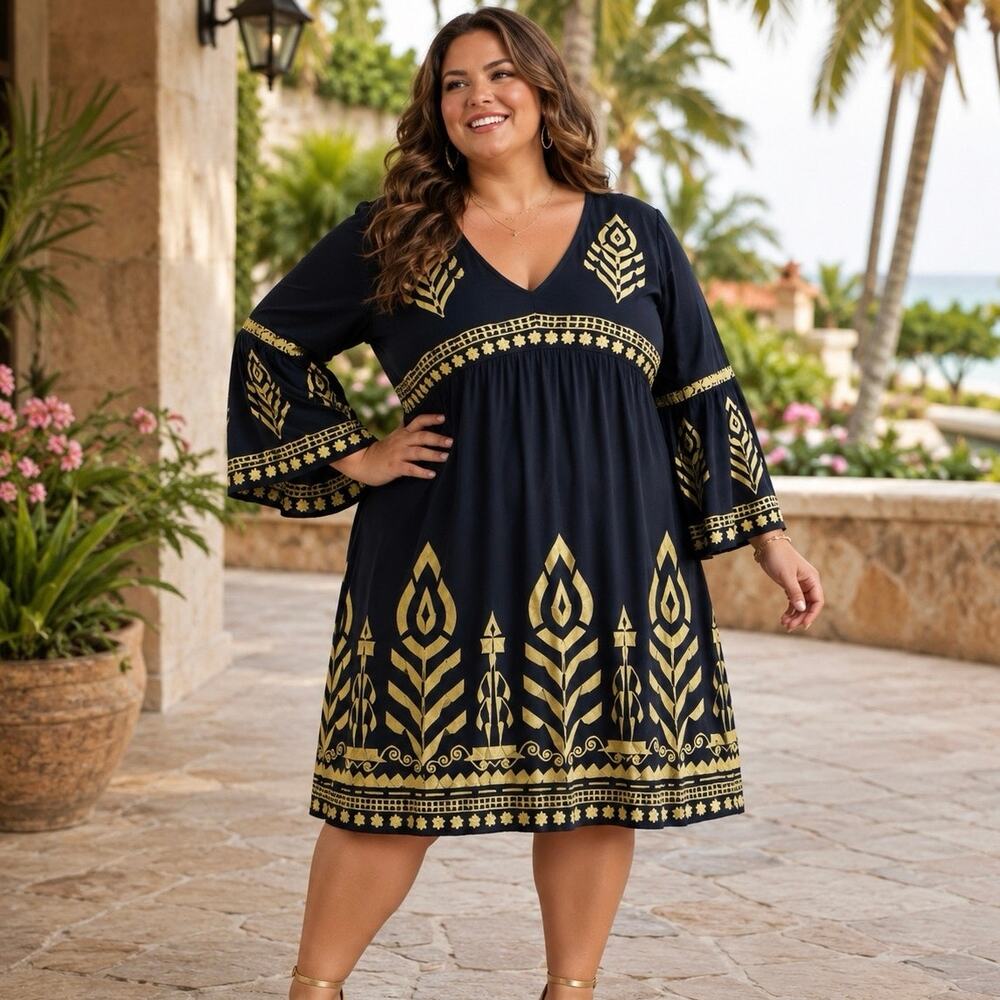 Soft Surroundings black Midi Dress with Gold Print